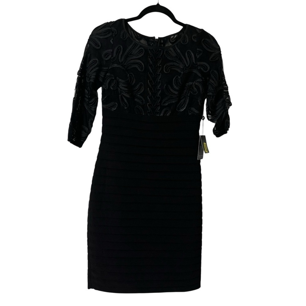 NWT Adrianna Papell Black Long Sleeve Dress Size 4 Formal Pleated Lace Fancy